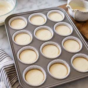 Paper-lined muffin cups filled three-quarters full with cheesecake batter.
