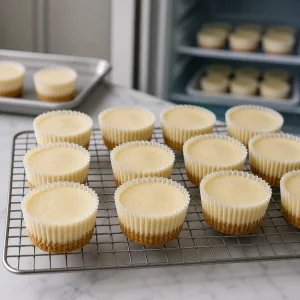 Plain mini cheesecakes cooling before being chilled in the refrigerator.