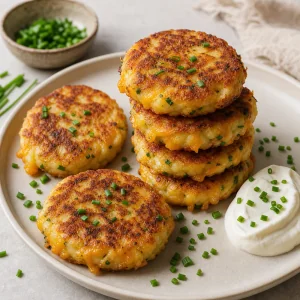 Golden mini cheddar and chive potato cakes served with sour cream