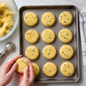 Small uncooked potato patties shaped on a tray