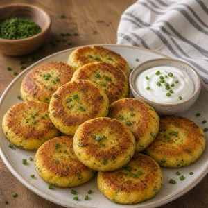 Warm potato cakes served with sour cream and chopped chives