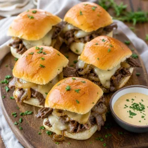 Finished mini cheesesteak sliders served with parsley and sauce