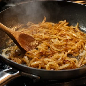 Sliced onions caramelizing in butter and olive oil