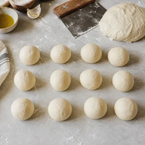 Pizza dough divided into twelve small balls for muffin tin pizzas