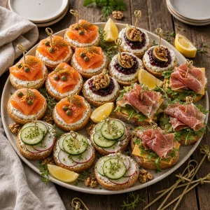 Assorted mini party sandwiches arranged with herbs, lemon wedges, and walnuts