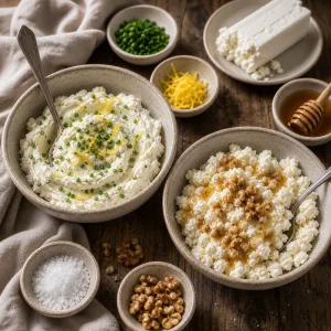 Cream cheese and goat cheese spreads with lemon, chives, honey, and walnuts