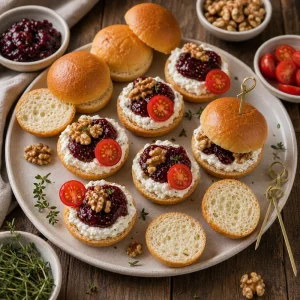 Goat cheese mini sandwiches topped with fig jam, walnuts, and cherry tomatoes