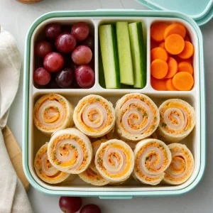 Mini girelle di tacchino e formaggio sistemate in un bento per picnic