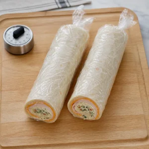 Rotoli di tortilla ben stretti avvolti nella pellicola prima del taglio