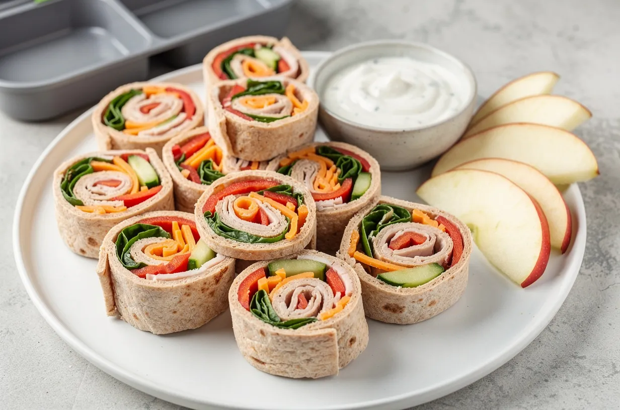 Mini Turkey & Veggie Pinwheels with Yogurt Ranch Dip