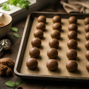 Palline di impasto al pan di zenzero distanziate sulla teglia