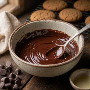 Cioccolato fuso lucido in una ciotola con biscotti vicini