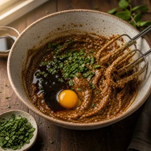 Impasto con melassa, uovo e menta tritata in una ciotola