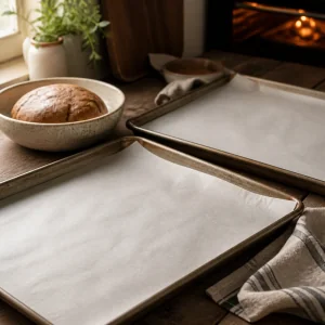 Teglie rivestite di carta forno pronte per l impasto dei biscotti