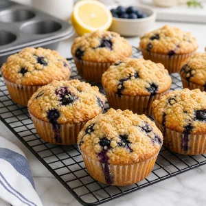 Muffins myrtilles et streusel citron refroidissant sur une grille