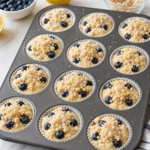 Pate a muffins aux myrtilles garnie de streusel au citron