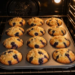 Muffins aux myrtilles dores en cuisson dans le moule