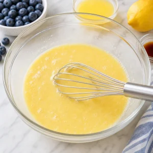 Lait, beurre fondu, oeufs et vanille fouettes