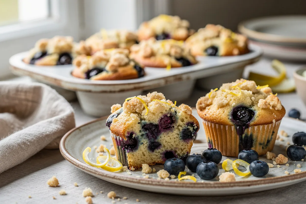 Muffins húmidos de mirtilo com streusel de limão fáceis