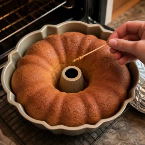 Torta bundt cotta controllata con stecchino e briciole umide.