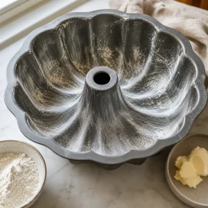 Stampo bundt imburrato e infarinato per torta al rum e ananas.