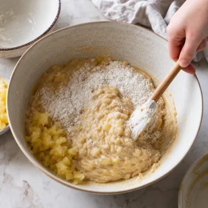 Ingredienti secchi e ananas sgocciolato incorporati nell impasto.