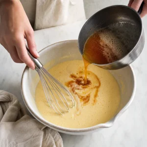 Uova, panna acida, latte, vaniglia, rum e burro nocciola mescolati.