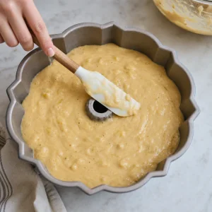 Impasto al rum e ananas versato nello stampo bundt preparato.