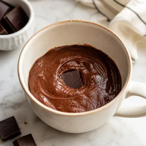 Dark chocolate chunk tucked into the center of mug cake batter