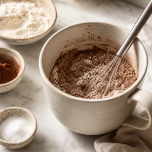 Dry mug cake ingredients whisked in a microwave-safe mug