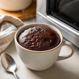 Microwaved chocolate mug cake with a moist set top