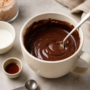 Milk, oil, and vanilla stirred into smooth chocolate mug cake batter
