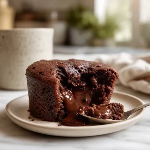 Molten lava mug cake opened to show a gooey chocolate center