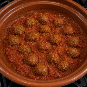 Cooked meatballs in thickened tomato sauce