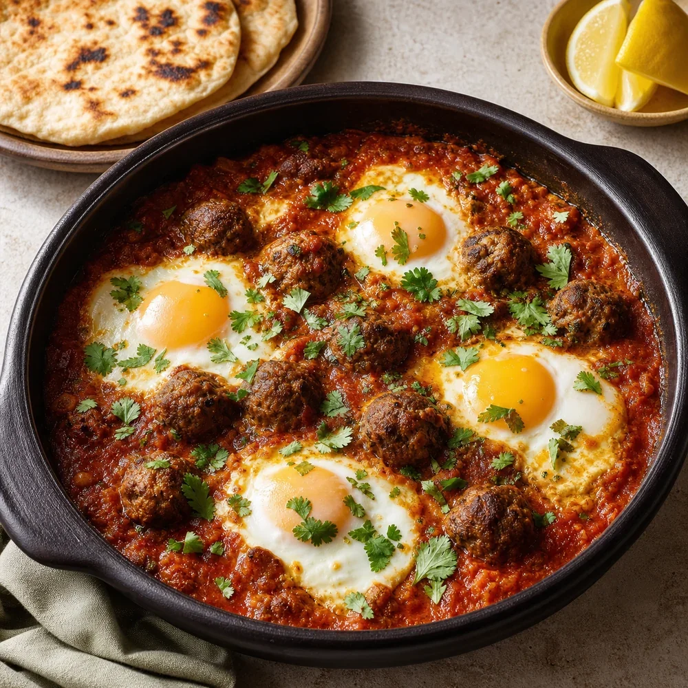 Finished Moroccan kefta tagine with eggs and meatballs