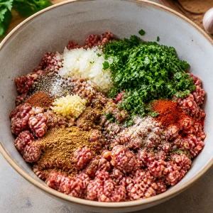 Ground meat mixed with herbs and spices for kefta