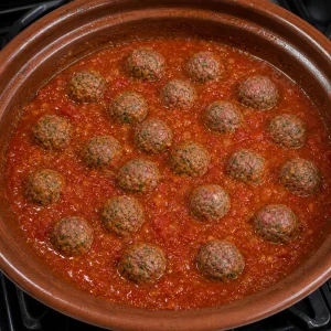 Kefta meatballs simmering in tomato sauce