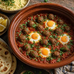 Served kefta tagine with cilantro, lemon, bread, and couscous