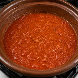 Tomato sauce simmering in a tagine base