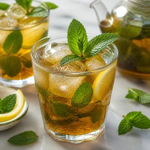Geeister gruner Minztee mit Zitronenscheiben und frischer Minze