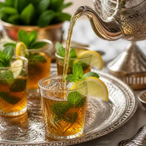 Marokkanischer Minztee wird in ein kleines Glas mit Zitrone und Minze gegossen