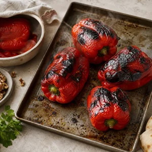 Pimientos rojos asados y chamuscados en una bandeja para muhammara