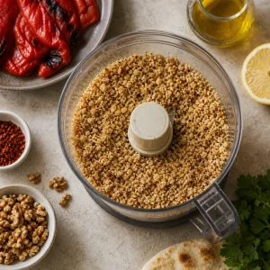 Mezcla gruesa de nueces y pan rallado en un procesador