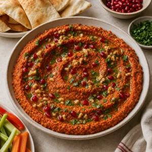 Muhammara terminada con aceite de oliva, perejil, nueces y pita