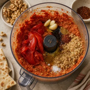 Pimientos asados y especias mezclados en una muhammara con textura