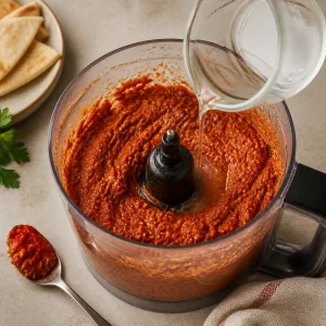 Muhammara espesa aligerada con un pequeño chorro de líquido
