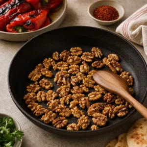 Nueces tostándose en una sartén seca para muhammara