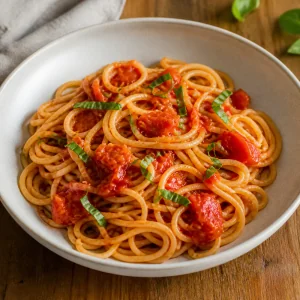 Finished spaghetti with fresh tomato sauce and basil