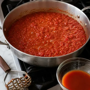 Fresh tomato sauce simmering until concentrated