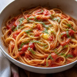 Glossy finished spaghetti with sliced basil